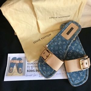LV Denim Monogram Leather Sandals Flats
